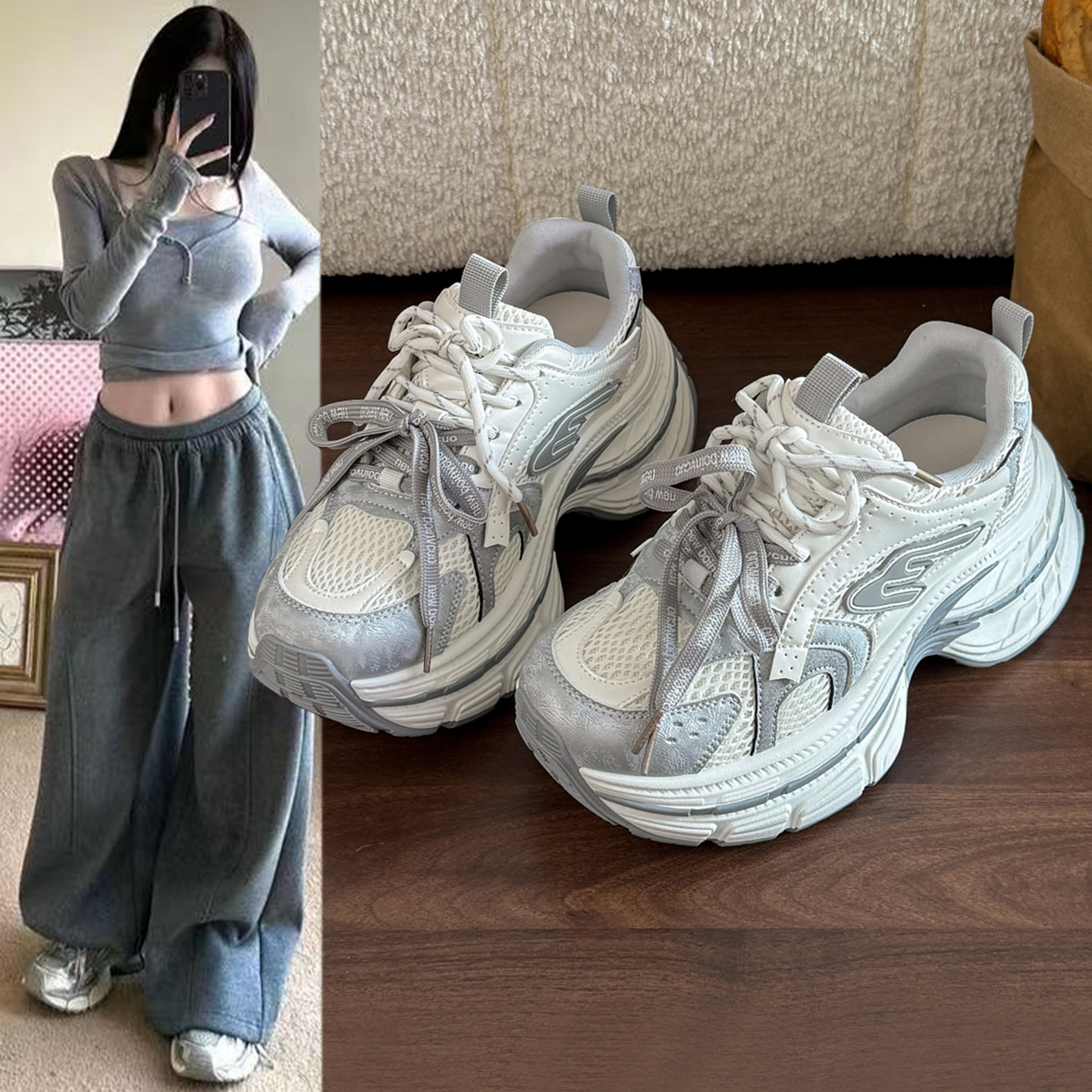 厚底巴黎老爹鞋女2026春夏季新款休闲鞋网面透气增高显脚小运动鞋