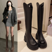 骑士靴女2025秋冬季 新款 v口长筒靴厚底粗跟显瘦高筒靴不过膝长靴