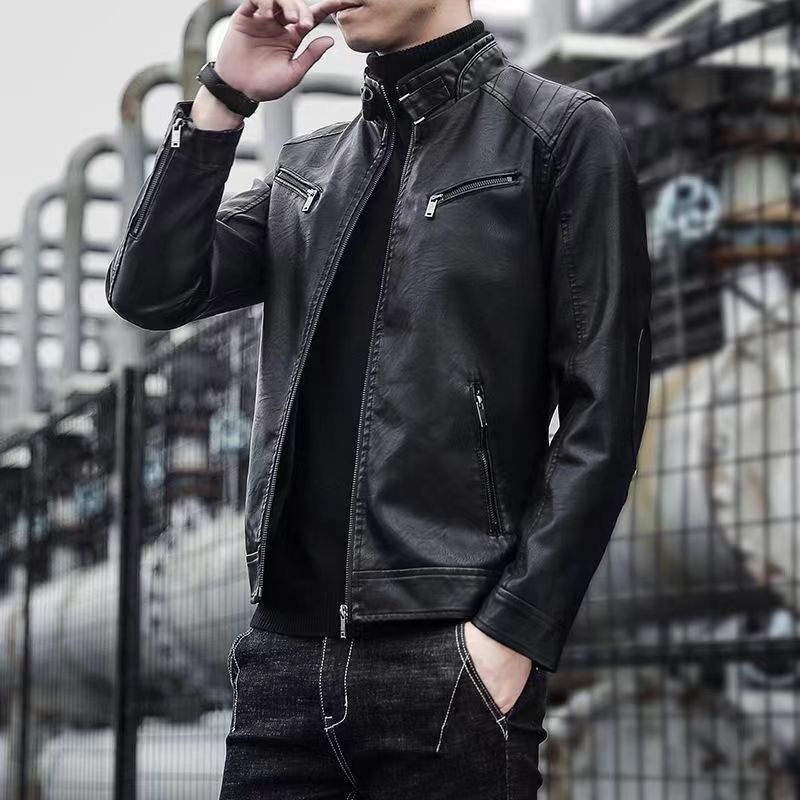 维干男装春秋男式PU皮衣韩版休闲立领修身机车皮夹克pu外套男青a8