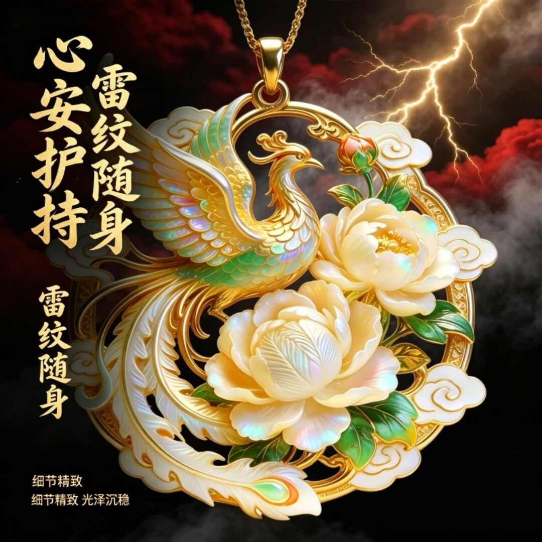 和俊起量凤穿牡丹贝母鎏金吊坠项链女复古国潮风项坠吉祥随身a75
