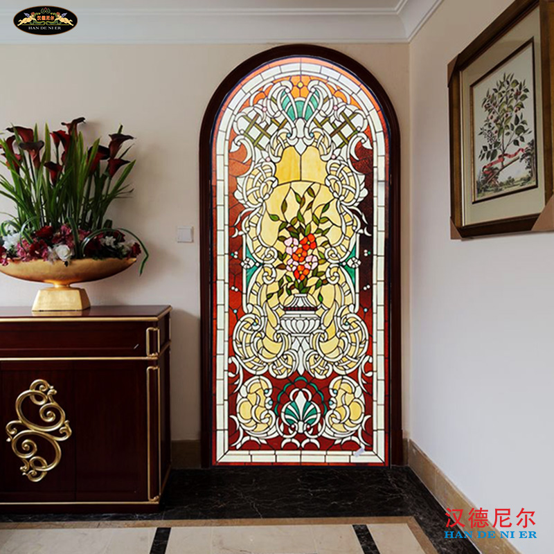 定制拱形蒂凡尼彩色教堂復古鑲嵌藝術玻璃玄關隔斷墻面燈推拉門窗