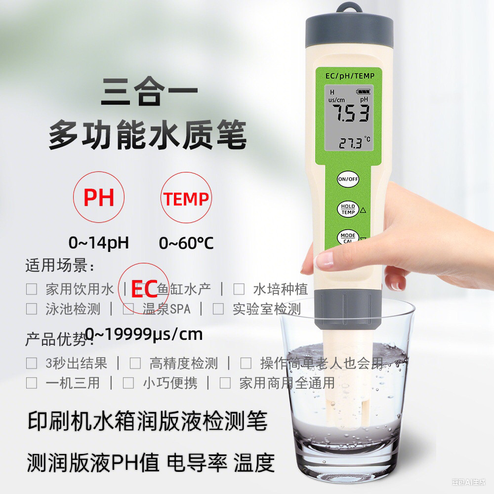 三合一水质检测笔PH/EC/温度测试仪印刷机润版液水族养殖泳池检测