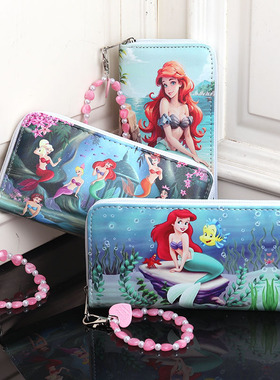 ins卡通可爱美人鱼多卡位多隔层时尚拉链长款手包女童女士钱包