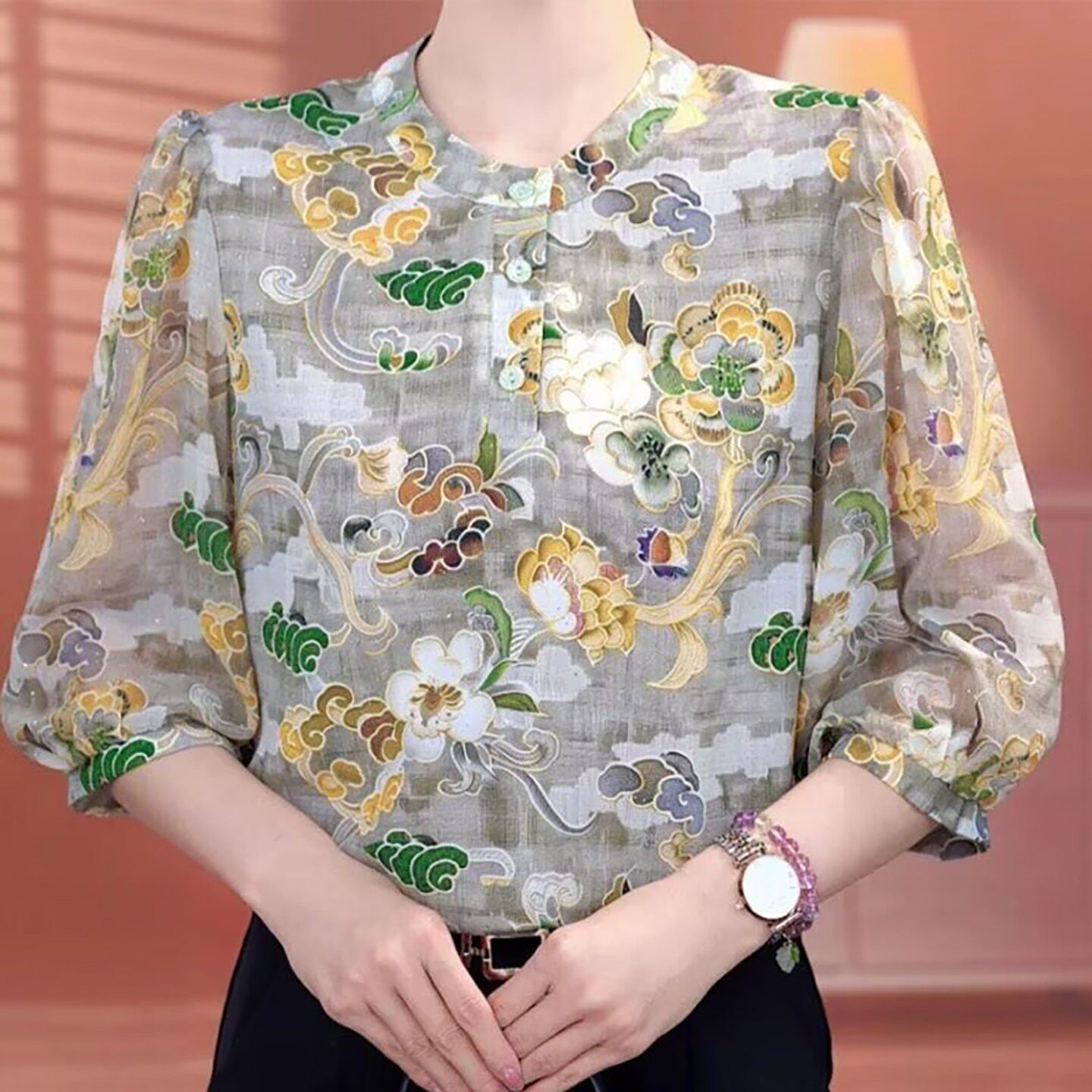 榕坤女装冰丝碎花七分袖衬衫春夏女士时尚减龄雪纺衫遮肚防晒上a5