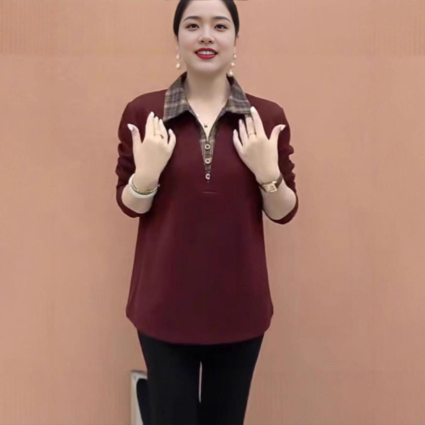 润云飞女装假两件印花小衫2026秋季女士长袖针织衫洋气妈妈装上a3