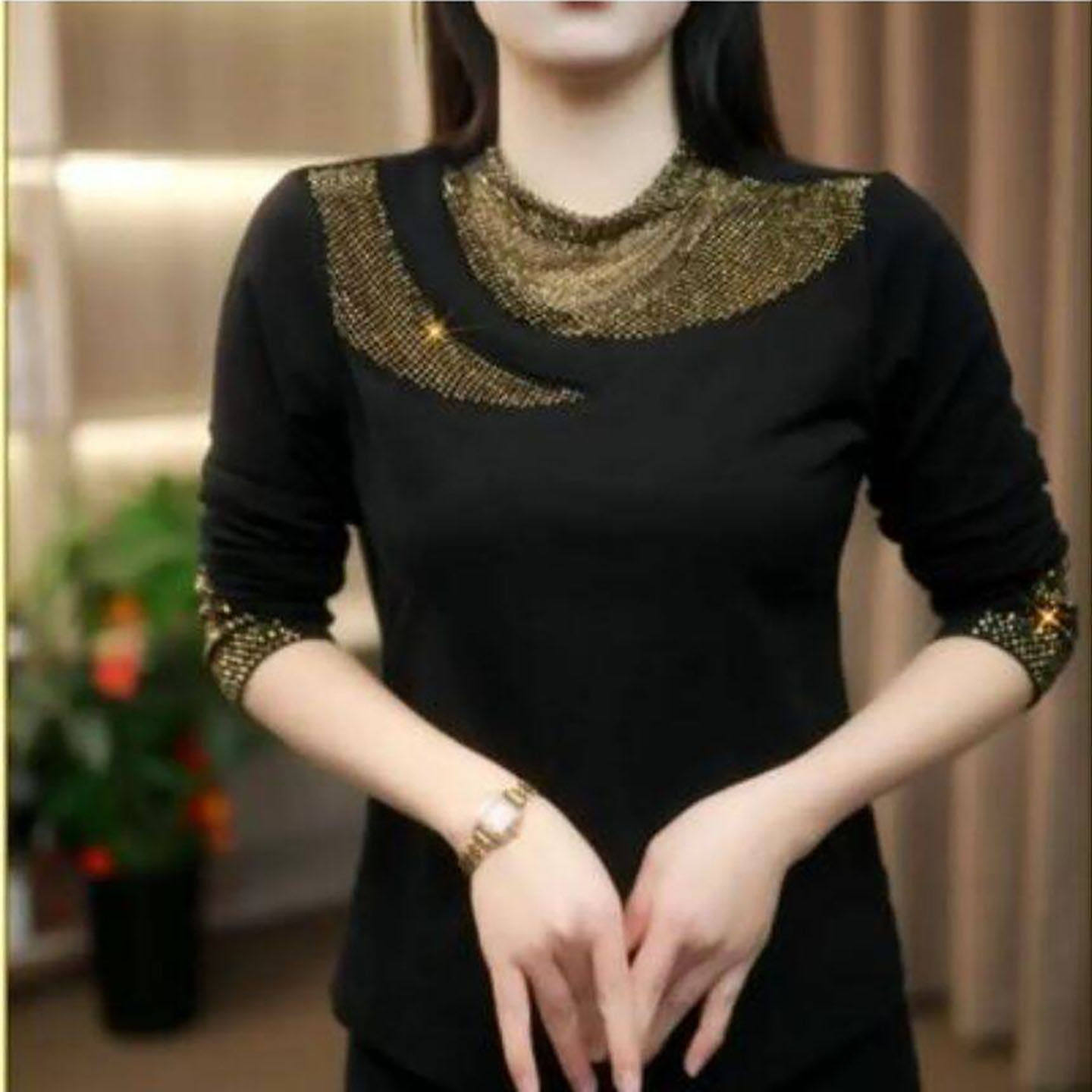 聚光点亮女装镶钻纯色长袖T恤女士黑色减龄打底衫秋冬季内搭小a4