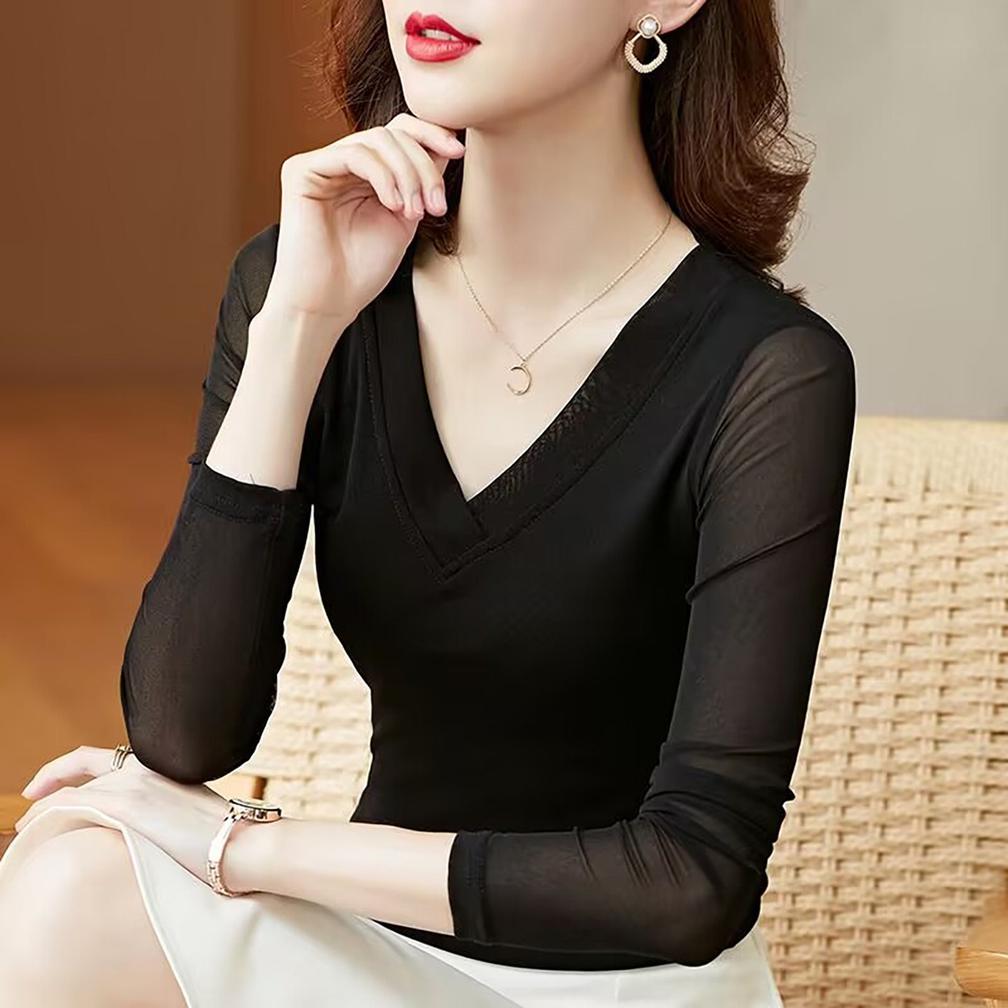 点击率女装时尚网纱打底衫2026秋冬女士修身显瘦长袖气质百搭上a5图片