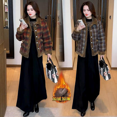 临蔡女装复古格子毛呢外套女士小个子保暖上衣秋冬加绒加厚长a12