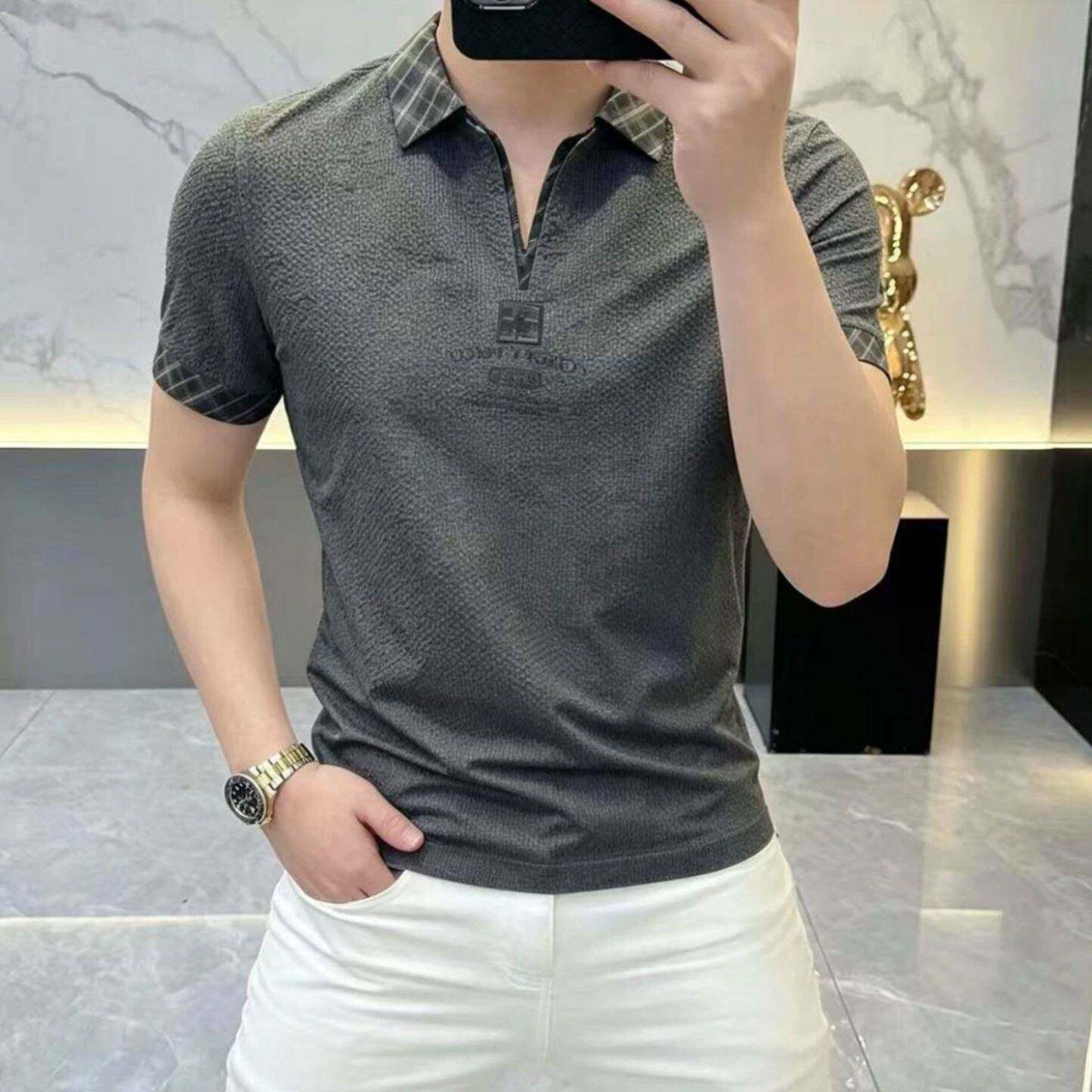 *河南宏嫩商贸有限公司男装夏季男士轻奢拼接翻领短袖T恤POLO衫a7