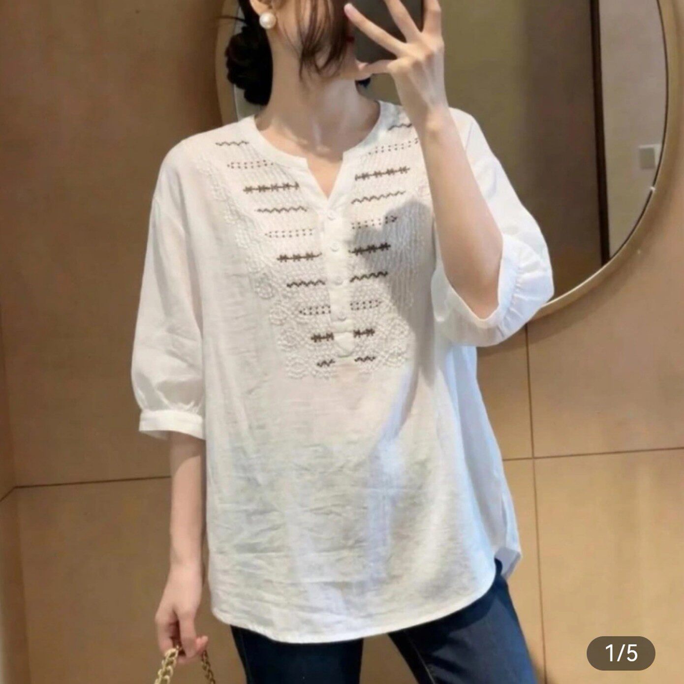 路途大码重工刺绣衬衫夏季新款韩版宽松显瘦民族风V领中袖衬衣a9