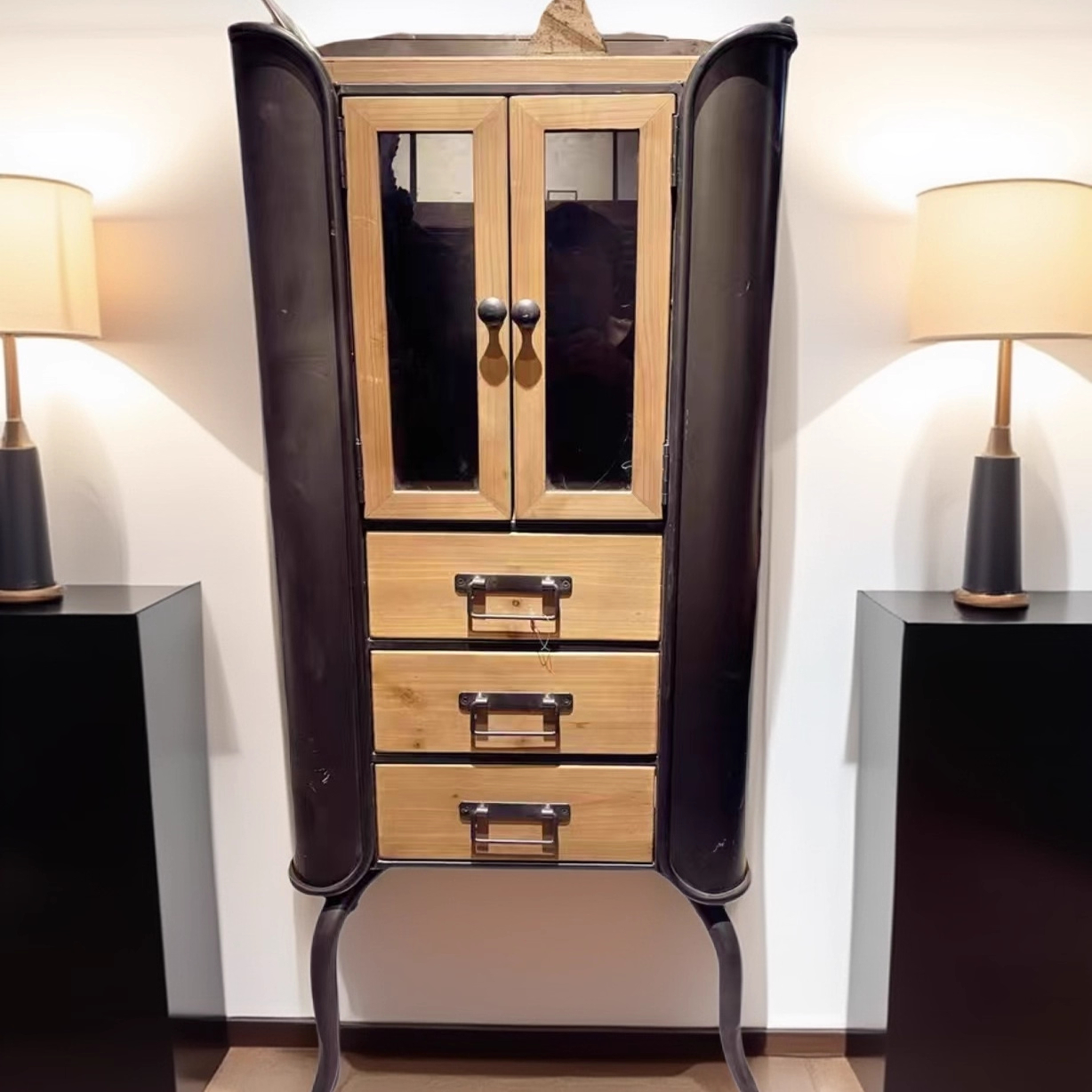 美式工业风斗柜铁艺实木玻璃酒柜复古咖啡厅玄关储物边柜