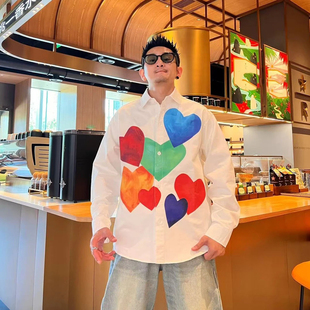 设计感爱心印花长袖衬衫男2026秋季新款百搭休闲polo领长袖衬衣潮