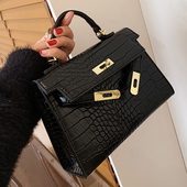 高级感手提包女2025新款 凯莉包鳄鱼纹质感黑色包包轻奢小众斜挎包