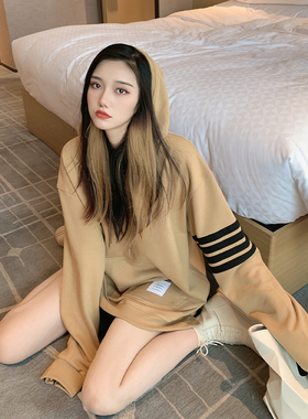 ESSENTIALSKKK2025年新款tb连帽卫衣女宽松中长款套头慵懒风上衣