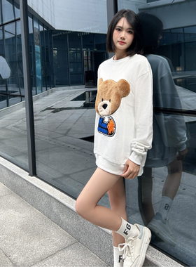 ESSENTIALS（特价清仓））加绒卫衣女宽松刺绣小熊套头长袖上