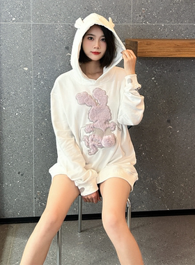 ESSENTIALSKKK2024年兔子连帽卫衣女刺绣宽松中长款长袖套头上衣
