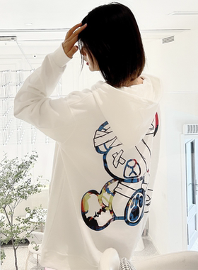 ESSENTIALSKKK2024年秋冬新款小熊印花连帽卫衣女宽松套头上衣ins