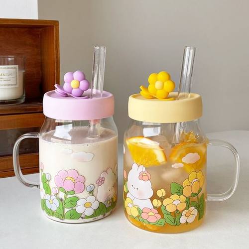 高硼硅玻璃杯大容量粗吸管杯兔子上班族水杯带盖把手闺蜜情侣杯子