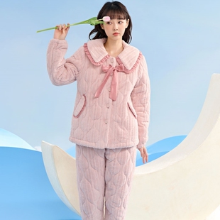 三层加厚夹棉睡衣女甜美可爱少女保暖珊瑚绒棉袄家居服 安之伴冬季