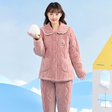 安之伴三层加厚珊瑚绒夹棉睡衣女冬季加绒保暖甜美可爱家居服女冬