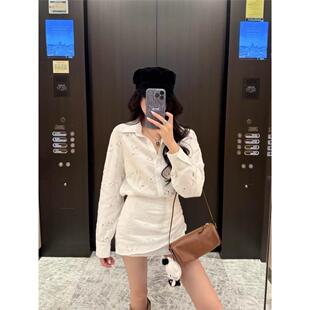 2025秋季新款白色玫瑰镂空长袖衬衫连衣裙女短裙收腰包臀短款裙子