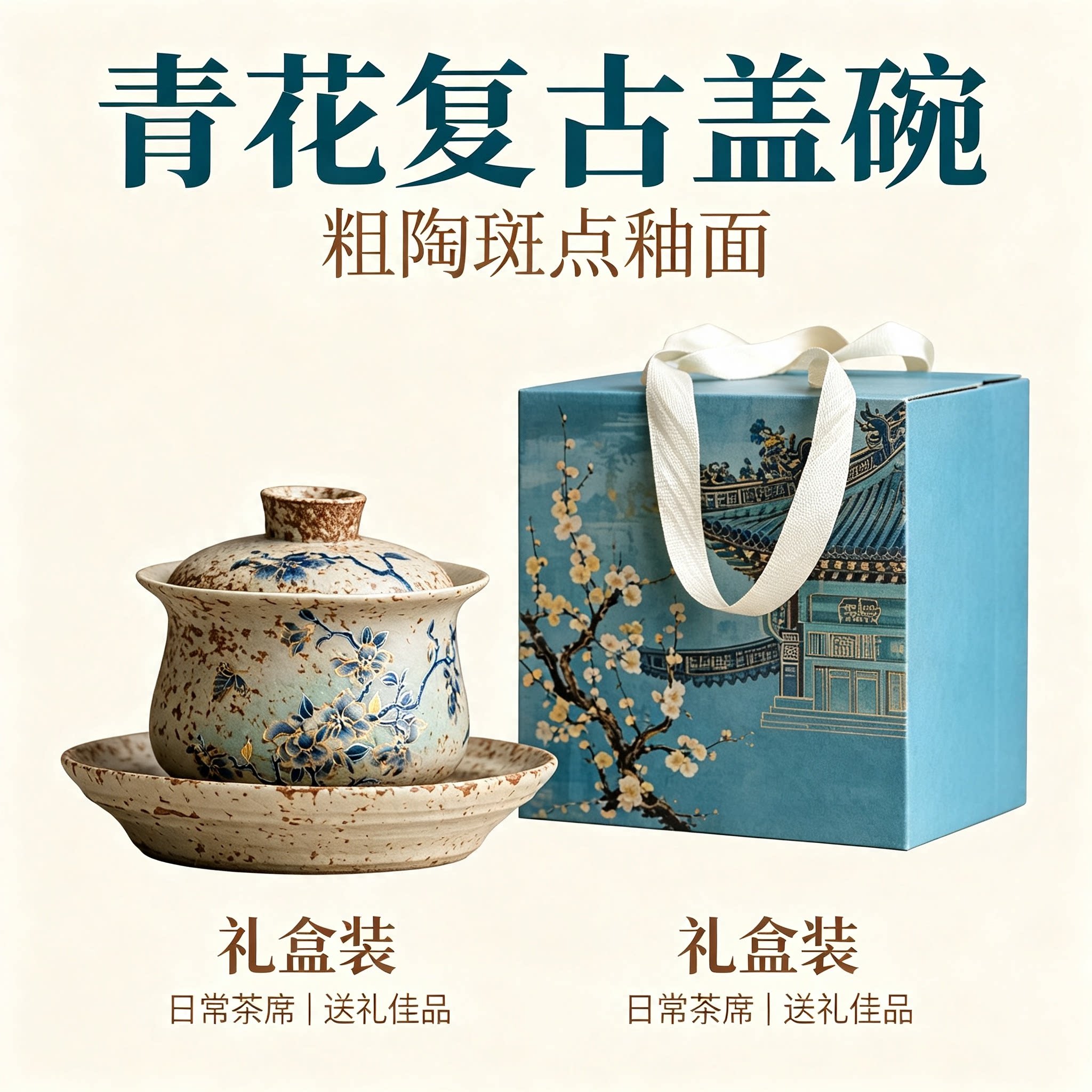 新中式复古青花火石红缠枝莲三才盖碗带一人茶具家用茶室氛围感