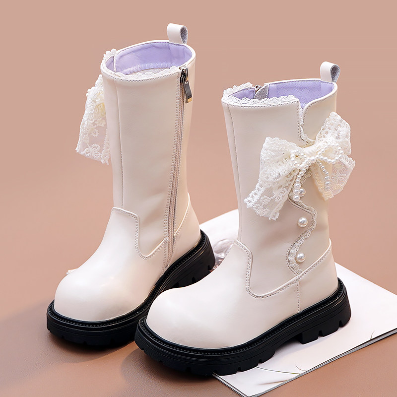 女童马丁靴高筒靴二棉公主靴真皮软底加绒棉靴子2025秋冬新款单靴