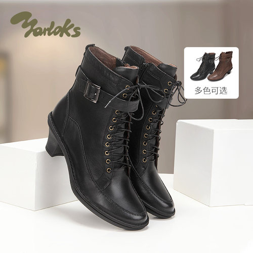 Yarloks/雅乐士真皮女靴系带粗跟中跟瘦瘦靴金属扣黑色 WK16851