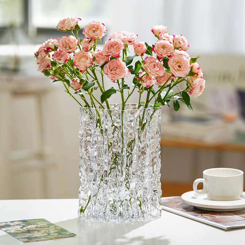 ins风插花透明玻璃客厅摆件冰川纹轻奢现代简约高级感水培花瓶