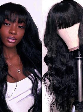 ebay新款欧美假发女齐刘海长卷发黑色大波浪长假发全头套厂家