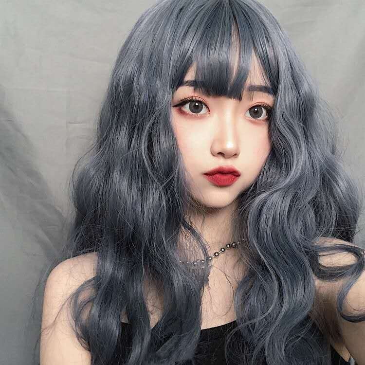 假发女长卷发空气刘海蓝灰渐变玉米烫小卷萝莉风全头套式