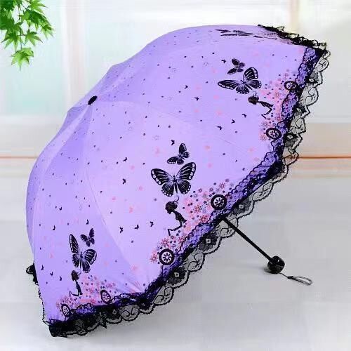 蝴蝶蕾丝印花遮阳伞晴雨两用伞三折风防晒黑胶伞直销定做