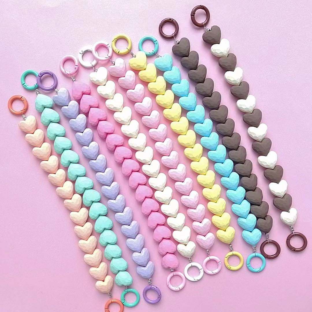 新款手感漆切面桃心串珠手机链条diy串珠饰品配件水杯手提链