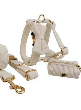 白色条绒宠物项圈狗项圈外出遛狗绳灯芯绒牵引绳宠物项圈狗链