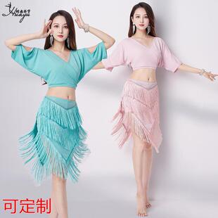 东方舞演出服练功服女定做 新款 肚皮舞2027夏季 V领烫钻流苏裙套装
