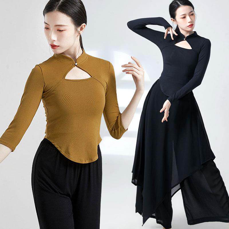 2025现代舞短袖练功服装古典舞旗袍领镂空长袖舞蹈服上衣形体女定