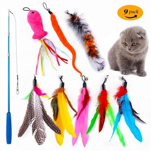 新品猫玩具彩色羽毛替换头三节伸缩魔杖逗猫棒钓鱼竿互动套装