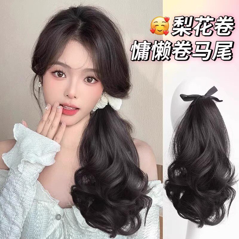 假发双马尾绑带式大波浪长卷发捆绑式马尾辫女片假蝴蝶结