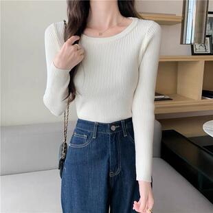 春秋冬季圆领修身内搭打底衫毛衣女士韩系洋气时髦低领长袖针织衫