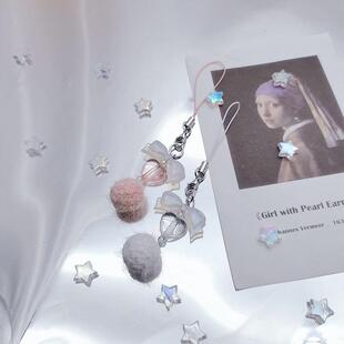 秋冬款可爱少女心甜心夜光蝴蝶结串珠手机链简约绒球咕本卡册挂链