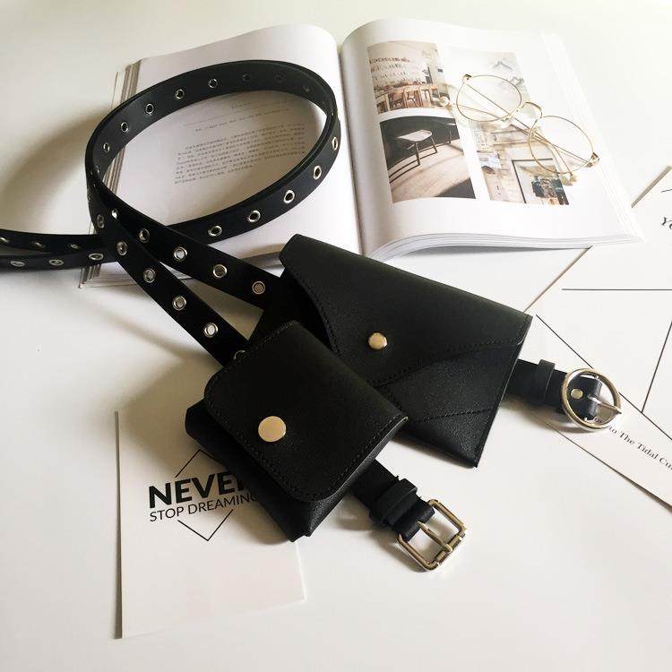 免打孔皮带女挂包包时髦百搭裤带韩国ins装饰配裙腰带小腰包黑色