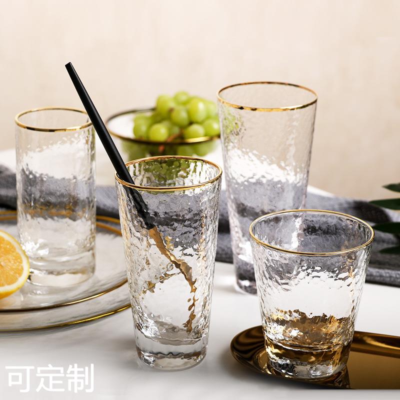 日式金边玻璃杯简约锤纹水杯ins风创意家用牛奶杯果汁饮料啤酒杯 餐饮具 玻璃杯 原图主图