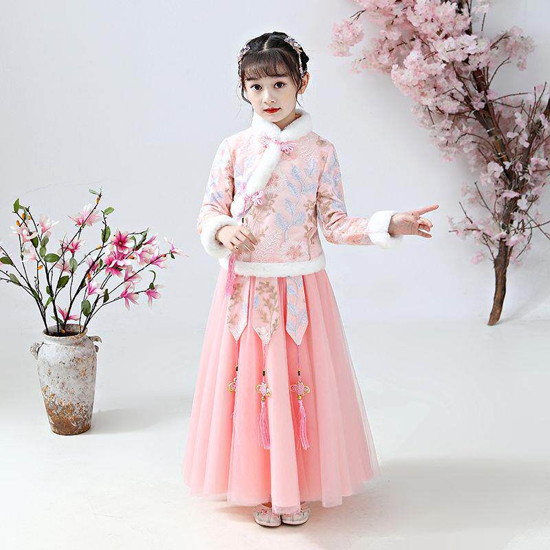 소녀의 HANFU 가을 겨울 벨벳 정장 어린이 고대 의상 요정 의상 중국 스타일 공주 스커트 당나라 정장 새해 이브 의상