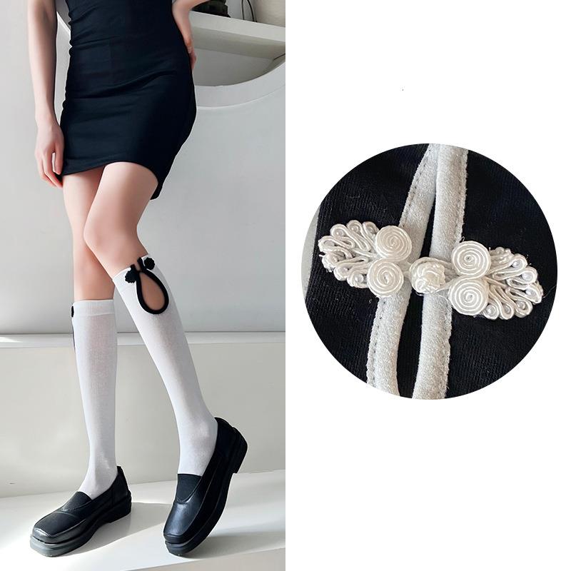 秋冬季棉质女士袜子中国风复古旗袍扣中筒袜黑白色JK制服小腿袜