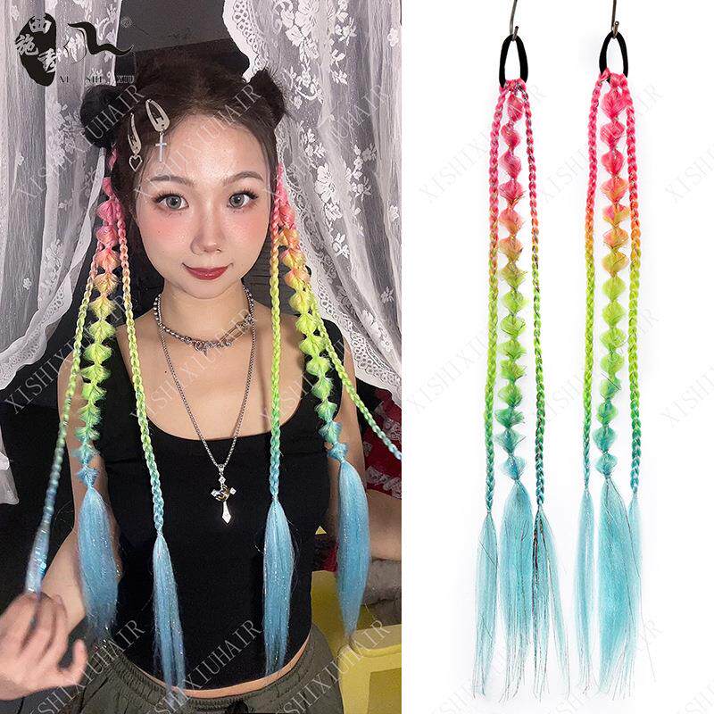 时尚儿童彩色镭射丝大辫子马尾女假发演出造型辣妹麻花辫一件