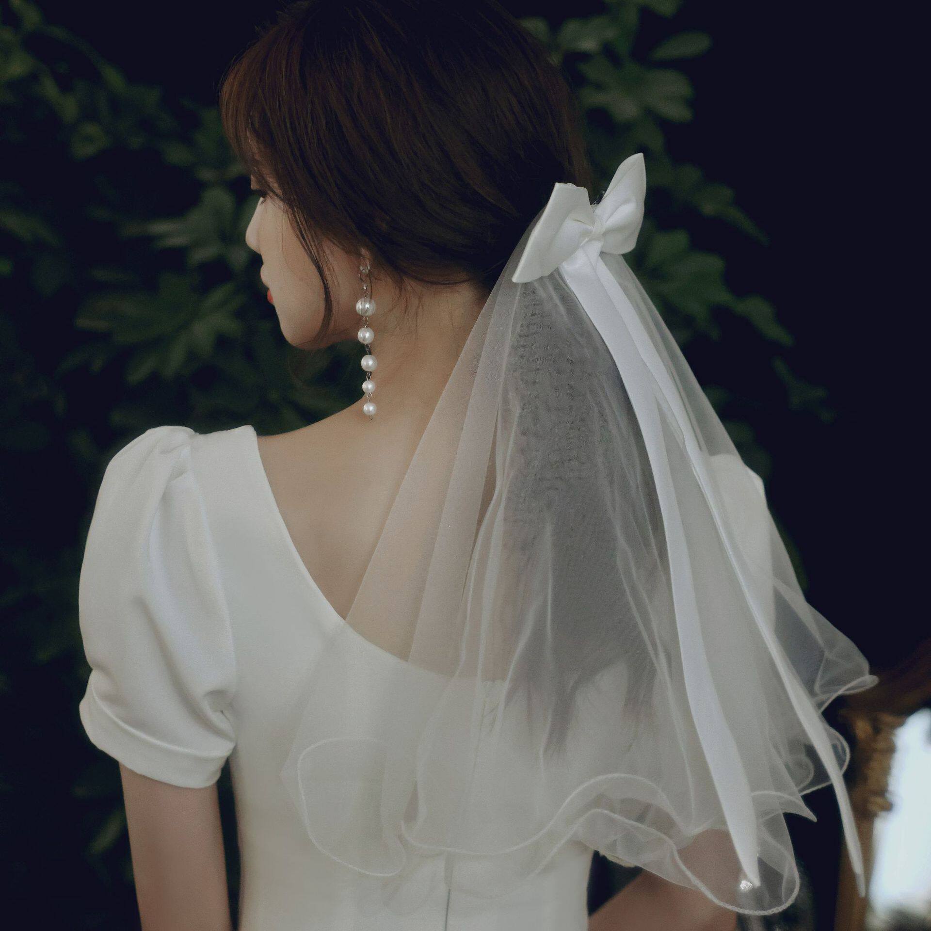 新娘结婚小纱婚纱礼服四层蝴蝶头纱拍照写真飘带造型纱