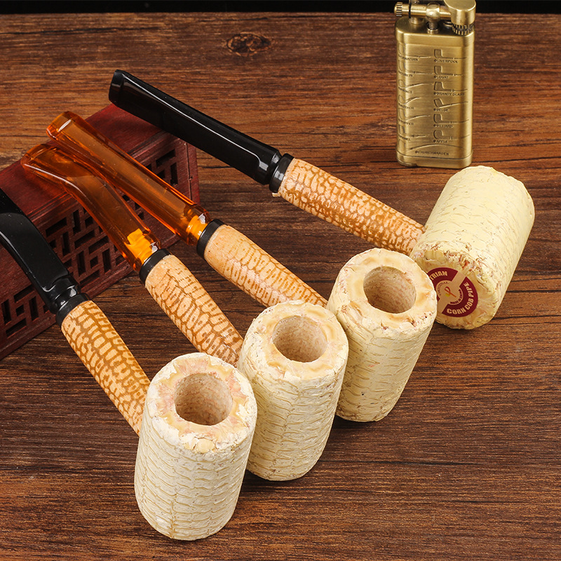 玉米烟斗5mm过滤 玉米斗抛光可拆卸待客便携烟斗男式直嘴弯嘴大号