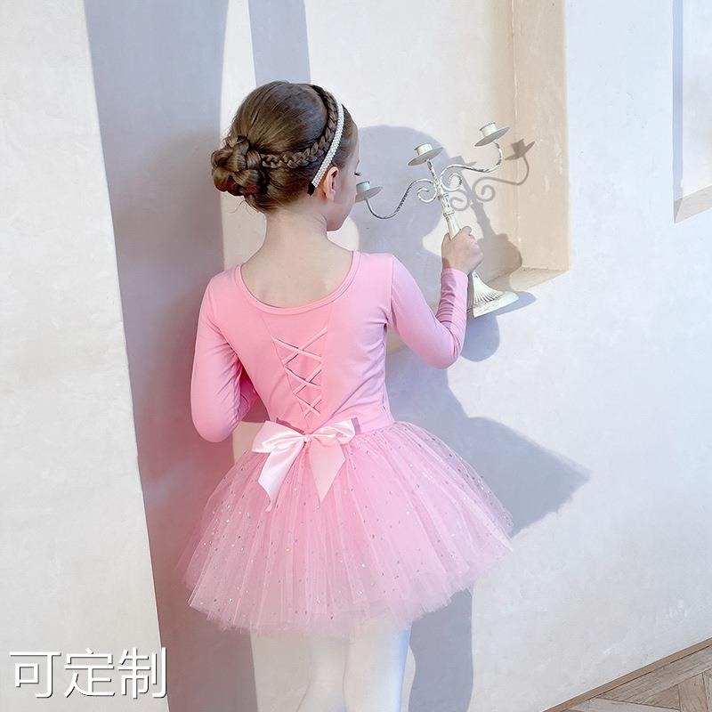 儿童舞蹈服女童练功服秋季长袖粉色亮片纱裙幼儿中国舞芭蕾舞裙子