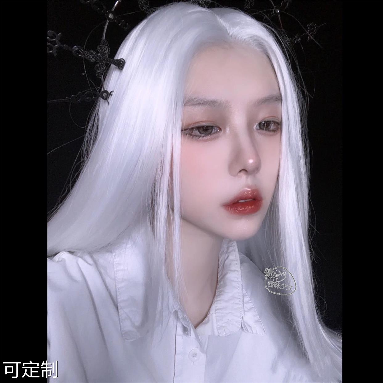 汉服假发长发白色古装古风cos男女万用直发中分刘海自然全头套式