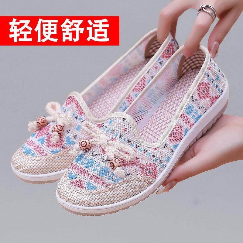 老北京布鞋女2025夏季新款一脚蹬透气妈妈鞋浅口平底鞋民族风鞋女